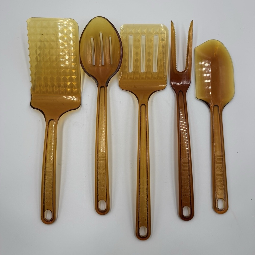 Vintage MCM Ultratemp Amber Lucite Kitchen Utensil Set 5pc Mid Century